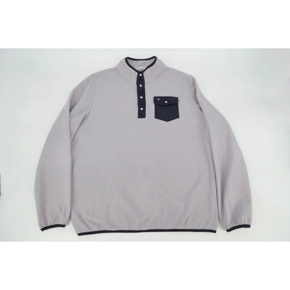 Criquet Fleece Pullover Mens XL Gray Navy Blue Snap Mock Neck Pocket Sweater